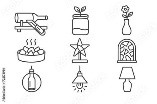 Recycled Glass Projects Icons. Line style icons of recycled glass projects: bottle cutting, repurposed jar, eco vase, cullet melt,
