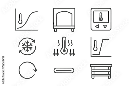 Annealing Process Icons. Line style icons of annealing and cooling: annealing curve, kiln door, temperature control, slow cool