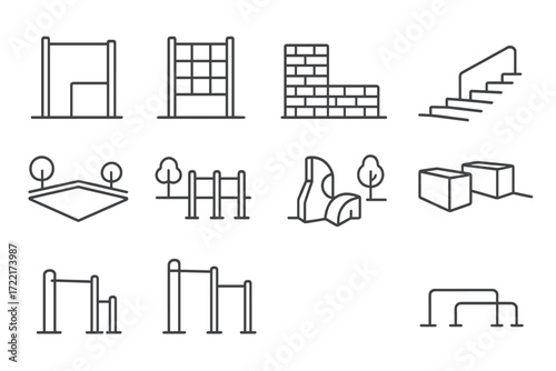 Parkour Space Icons. Line style icons of outdoor parkour spaces: training park, jungle gym, brick plaza, city steps, open square,