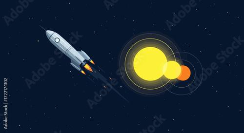 Rocket Traveling Through Space Towards Distant Celestial Bodies