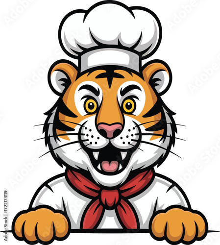 Cartoon tiger chef with chef hat and red neckerchief smiling widely holding a white surface