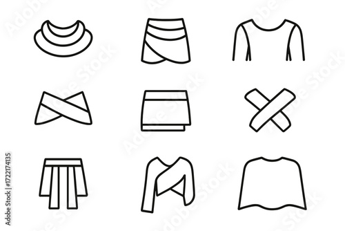 Multi-Layer Fashion Icons. Line style icons of multi-layer design: triple collar, draped skirt layers, double shoulder,
