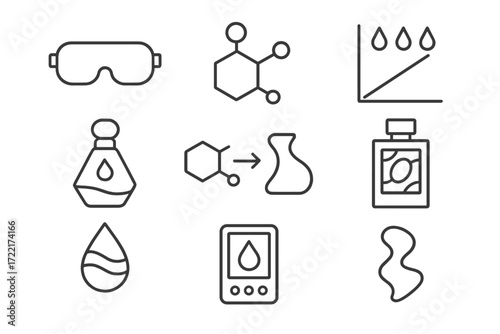 Innovative Fragrance Icons. Line style icons of experimental fragrance creation: scent lab goggles, molecular blend, drop ratio