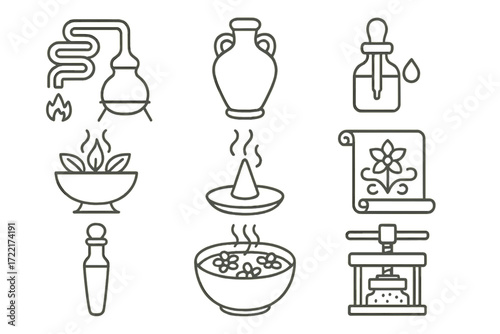 Ancient Perfume Icons. Line style icons of ancient perfume techniques: distillation coil, clay bottle, perfumed oil, herbal burner