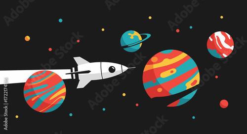 Whimsical Space Adventure With Colorful Planets And A Rocket