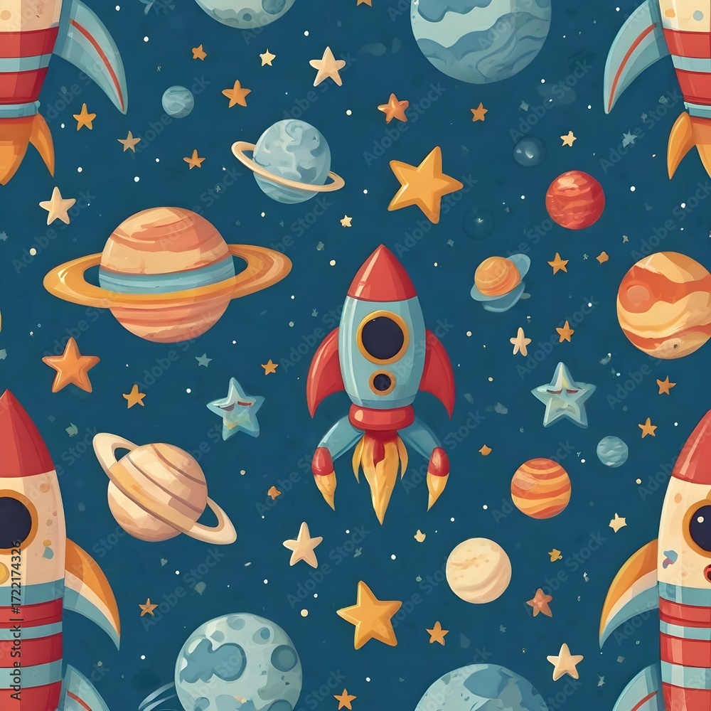 Naklejka premium Seamless wallpaper design with cute cartoon rockets, planets, and smiling stars, pastel blue background, playful children’s room interior style, soft colors, high-resolution,Generative Ai 