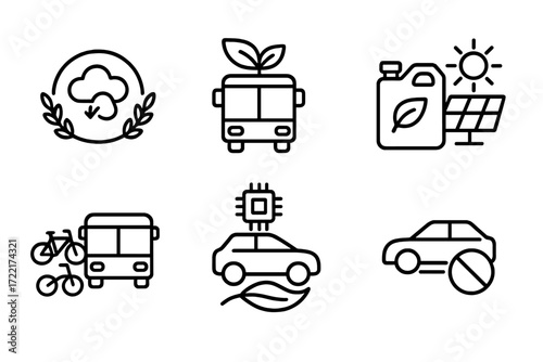 Eco-Friendly Transportation Icons. Line style icons of AV environmental awareness: low emissions badge, quiet transport icon, zero