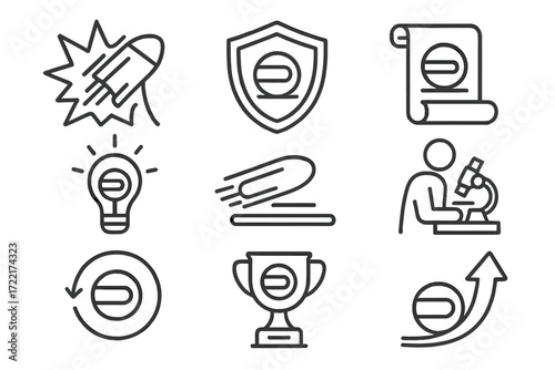 Hyperloop Innovation Icons. Line style icons of Hyperloop innovation: breakthrough icon, future-ready badge, patent scroll, idea
