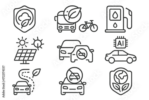 Eco-Friendly Transportation Icons. Line style icons of AV environmental awareness: low emissions badge, quiet transport icon, zero