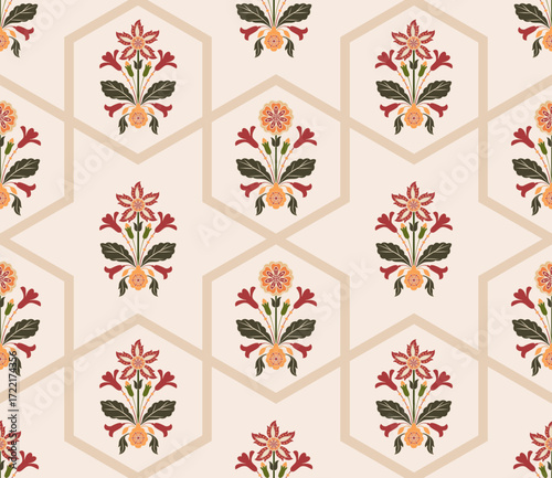 Vector Hand drawn colourful geometric flowers Motifs African boho paisley, seamless patterns with floral for fabric Ethnic Indian Pattern, textiles, clothing, wrapping paper, backdrop, banner.
