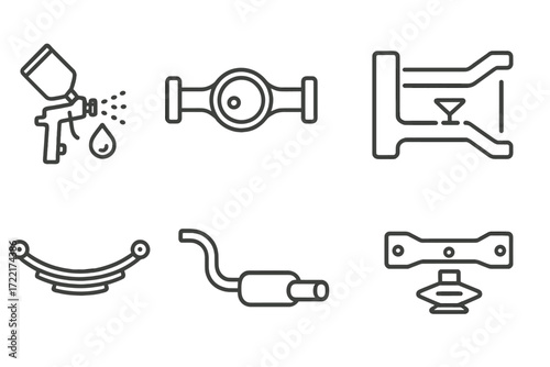 Undercarriage Restoration Icons. Line style icons of undercarriage restoration: rust-proof coating, differential icon, brake line