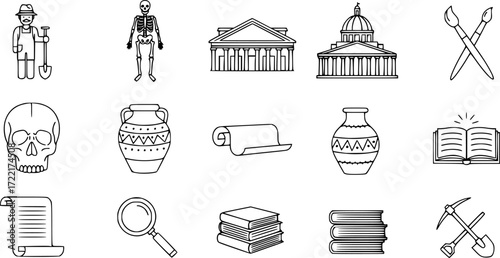 set of 10 outline web history icons such as archeologist, skeleton, pantheon, brushes, skull, ancient jar, paper vector icons for report, presentation, diagram, web design, mobile app