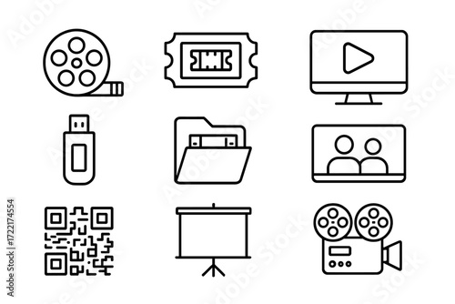Indie Film Distribution Icons. Line style icons of indie film distribution: film reel, film festival ticket, online streaming icon
