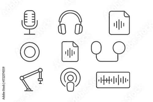Podcasting Essentials Icons. Line style icons of podcasting essentials: microphone, headphones, sound wave, recording button,