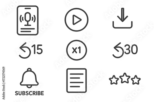 Podcast App Icons. Line style icons of podcast apps and players: smartphone podcast app, play button, download icon, playback