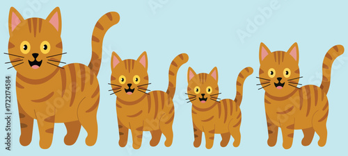 Cartoon illustration of four orange tabby cats standing in a row on a light blue background
