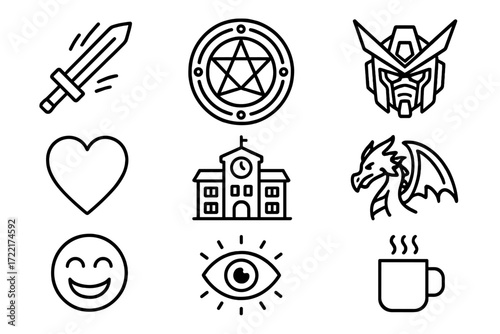 Anime Genre Icons. Line style icons of anime genres: action slash, magic circle, mecha robot, romance heart, school building,