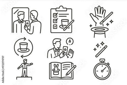 Magical Practice Icons. Line style icons of magical practice: mirror rehearsal, trick checklist, hand warm-up, routine repeat,