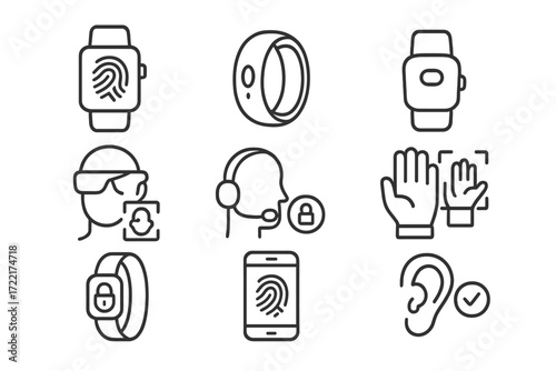 Biometric Wearable Icons. Line style icons of biometric wearables: smartwatch with fingerprint, smart ring sensor, biometric