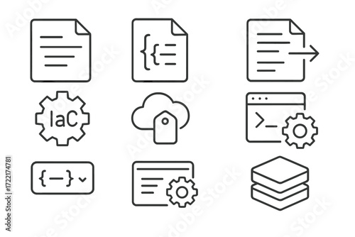 Serverless Infrastructure Icons. Line style icons of infrastructure as code for serverless: YAML icon, configuration file, deploy