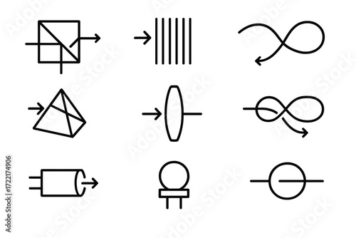 Optical Components Icons. Line style icons of optical components: beam splitter, diffraction grating, optical fiber, prism lens,