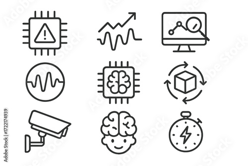 Neuromorphic AI Icons. Line style icons of neuromorphic AI applications: anomaly detection chip, predictive signal, real-time