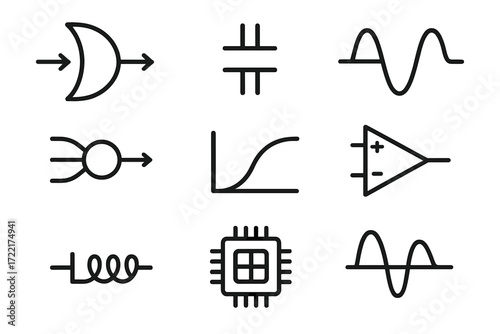 Analog Circuit Line Icons. Line style icons of analog neuromorphic circuits: analog neuron gate, capacitor icon, signal waveform,