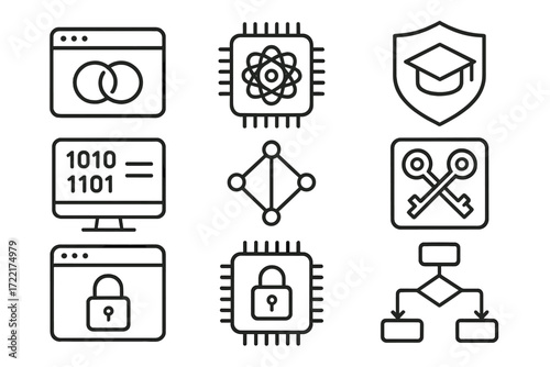 Cryptography Educational Icons. Line style icons of educational cryptography tools: learning module icon, post-quantum tutorial,