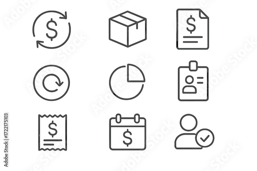 Subscription Icons Collection. Line style icons of subscription economy basics: recurring payment icon, subscription box, monthly