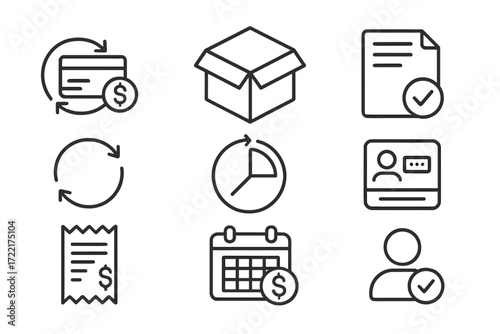Subscription Icons Collection. Line style icons of subscription economy basics: recurring payment icon, subscription box, monthly