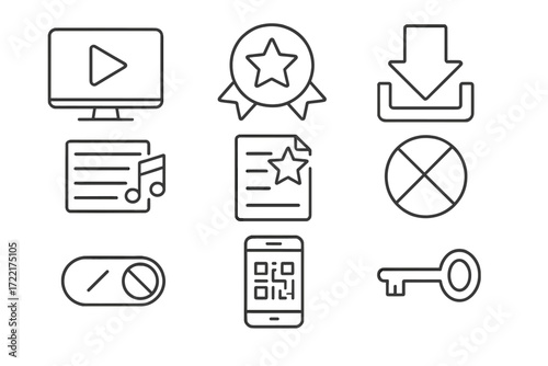 Digital Subscription Icons. Line style icons of digital content subscriptions: streaming media icon, exclusive content badge,