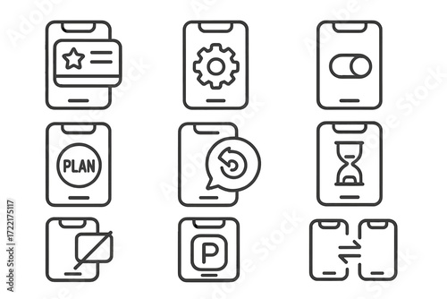 Mobile Subscription Icons. Line style icons of mobile subscription management: mobile wallet pass, app subscription settings,