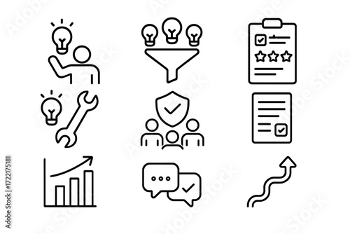 Crowdsourced Innovation Icons. Line style icons of crowdsourced innovation workflow: submission stage icon, filter ideas chart,