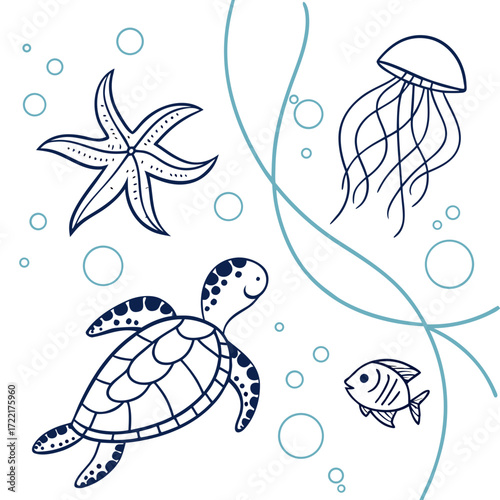 Delightful ocean animals including turtle, starfish, jellyfish, and fish create a whimsical aquatic design perfect for children's products and marine-themed projects