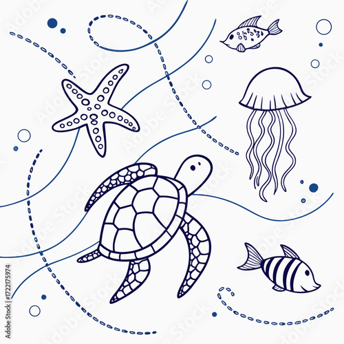 Whimsical sea life adventure featuring playful turtles, jellyfish, starfish, and friendly fish swimming through bubbly ocean currents, perfect for children's designs and underwater themes