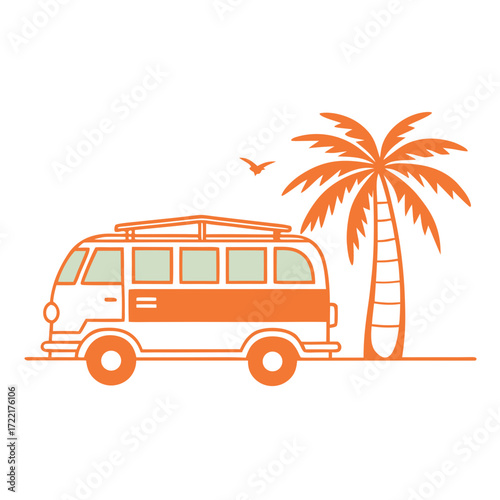 Embrace the carefree beach life with a stylish vintage van and swaying palm, perfect for travel blogs or summer promotions, evoke a sense of adventure and relaxation, originally a vector graphic