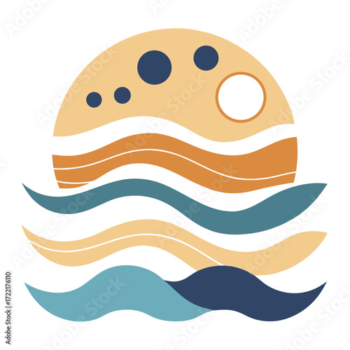 Serene coastal sunset reflecting on gentle ocean waves, a peaceful and calming design perfect for travel, wellness, or environmental themes with an artistic and modern aesthetic