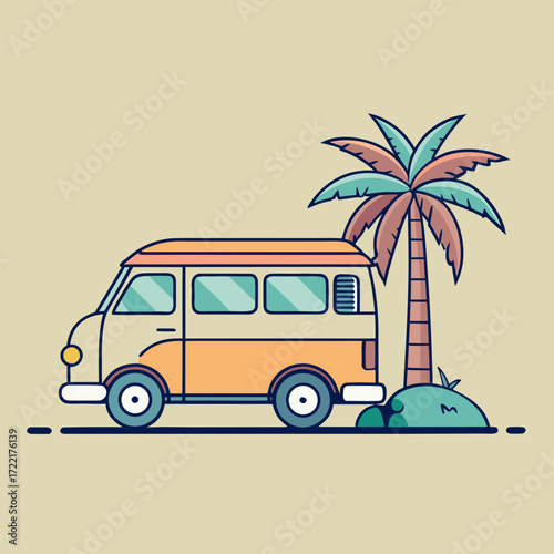 Vintage vibes radiate from this charming camper van parked under a breezy palm tree, evoking feelings of summer road trips, carefree adventures, and tropical getaways