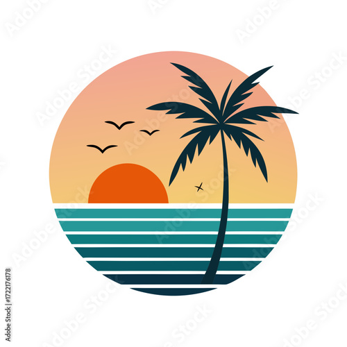 Stunning tropical sunset scene with palm tree and ocean waves, perfect for vacation vibes, travel posters, and summer promotions, evoking peace, relaxation, and island life