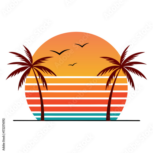 Breathtaking tropical sunset with palm trees and soaring birds evokes a sense of vacation bliss, promising relaxation and escape during a vibrant summer getaway