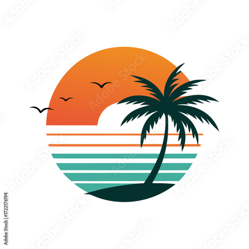 Dreamy sunset with palm tree and birds evokes tropical paradise vibes, perfect for summer vacation designs and coastal lifestyle brands, offering a serene escape