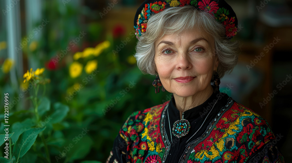 Fototapeta premium Close-up portrait of gracefully aging woman with silver hair, adorned in vibrant, intricately embroidered hat and jacket, smiling gently amidst lush, blurred floral background