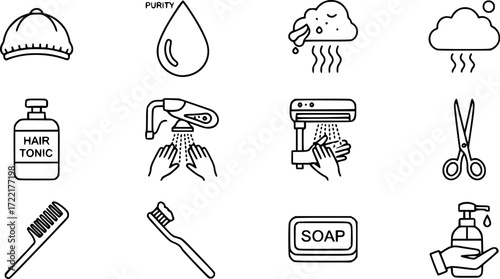 set of 10 outline web hygiene icons such as shower cap, purity, body odour, hair tonic, drying hands, douche, grooming vector icons for report, presentation, diagram, web design, mobile app
