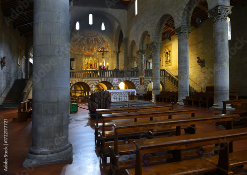 Interior of a Romanesque basilica - Cathedral of Saint Romulus of Fiesole (San Romolo Cathedral), Fiesole, Tuscany, Italy