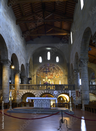 Interior of a Romanesque basilica - Cathedral of Saint Romulus of Fiesole (San Romolo Cathedral), Fiesole, Tuscany, Italy