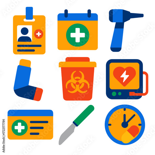 Modern Healthcare Icons. Flat vector icons of health care and medicine: hospital ID badge, medical calendar, otoscope. Inhaler,