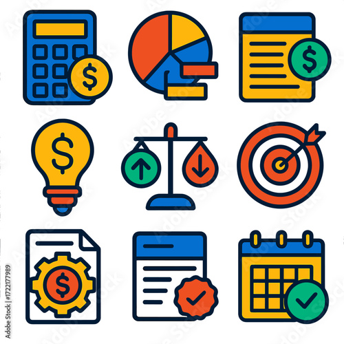 Business Budget Icons. Flat vector icons of business budgeting and cost planning: calculator with dollar icon, expense breakdown