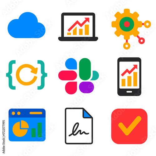 Bold Business Icons. Flat vector icons of business technology tools: cloud service icon, laptop with graphs, automation gear, API