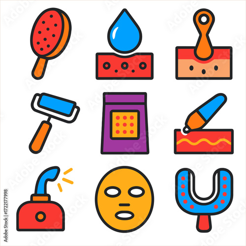 Vibrant Skincare Icons. Flat vector icons of skin treatment routines: exfoliation brush, chemical peel drop, blackhead remover