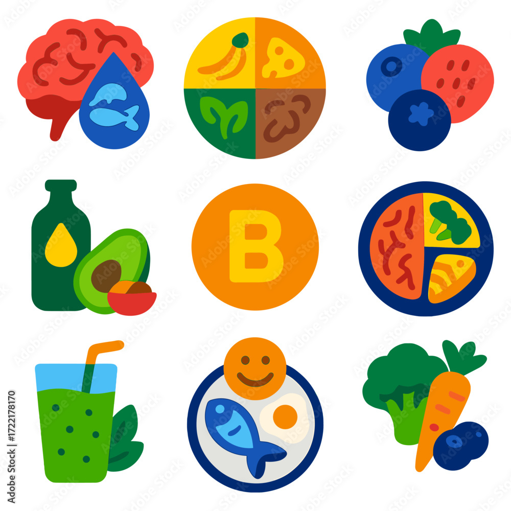 Fototapeta premium Brain Food Icons. Flat vector icons of mood and brain food: omega-3 brain icon, magnesium-rich food chart, antioxidant berries